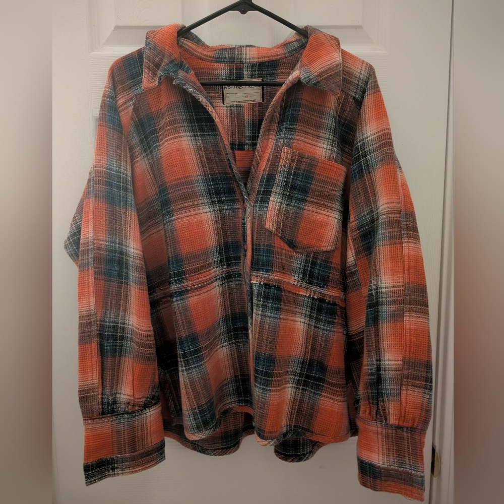 We The Free Cozy In 100% Cotton Orange And Blue Waffle Knit Plaid Shirt (XS)